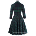 Belle Poque Retro Vintage Grid Pattern 3/4 Sleeve Lapel Collar Swing Party Picnic Dress BP000252-1